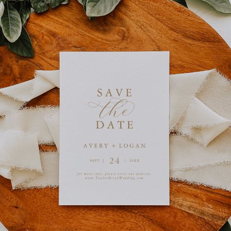 $2.86 | Elegant Gold Script Save the Date Card #elegant wedding save the date, simple save the dates, modern engagement announcement, boho vintage style, winter mid century simplistic lettering, spring summer fancy typography k700, classy romantic fall autumn unique, minimal pretty whimsical fairytale font, minimalist unique glam luxury script, classic yellow gold white calligraphy Summer Invitation, Business Fonts, Modern Save The Dates, Floral Save The Dates, Simple Invitation, Engagement Announcement, Save The Date Templates, Gold Invitations, Save The Date Card