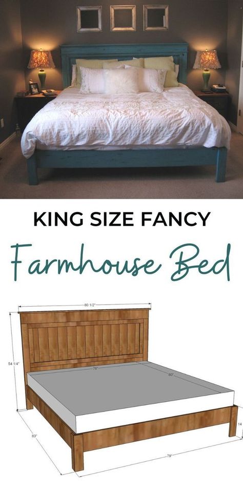 King Farmhouse Bed, Diy King Size Headboard, Diy Bed Frame Plans, King Size Bed Frame Diy, Diy King Bed, Diy King Bed Frame, Fancy Farmhouse, Bed Frame Plans, Farmhouse Bed