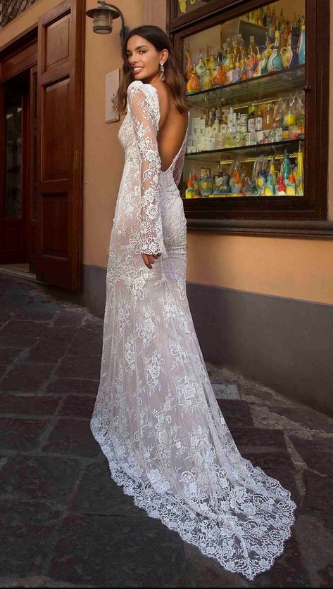 Lace designer bridal gown from Berta Privee  #weddingdresses #bridalgowns #weddingdress #weddingdressideas Backless Wedding Dress With Sleeves, Long Sleeve Mermaid Wedding Dress, Berta Wedding Dress, Berta Bridal, Fit And Flare Wedding Dress, Trendy Wedding Dresses, The Amalfi Coast, Fall Wedding Dresses, Long Sleeve Wedding