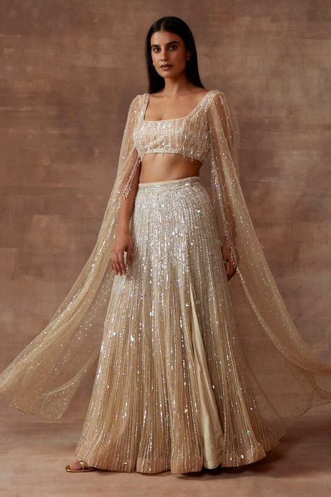 Buy White Tulle Embroidery Sequin And Beads Moonbeam Cape Style Lehenga Set For Women by Neeta Lulla Online at Aza Fashions. White Sequin Lehenga, Cape Lengha, Sangeet Inspiration, Cape Lehenga, Reception Outfits, Tulle Cape, Sangeet Outfit, Haldi Outfit, Reception Outfit