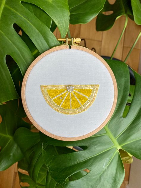 Yellow Gold Bedroom, Lemon Embroidery, Beaded Wall Hanging, Pearl Embroidery, Gold Bedroom, Lemon Wedge, Wooden Hoop, Coloured Glass, Shirt Embroidery