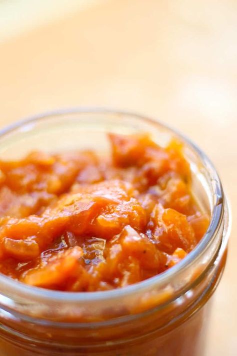 Quick Apricot Chutney Recipe. A super easy and quick chutney recipe that cooks up in just a few minutes. Apricots and brown sugar offer a sweet contrast to red onions, ginger and Indian spices. Apricot Chutney Recipes Fresh, Apricot Chutney, Mashed Parsnips, Indian Chutney, Apricot Recipes, Vegetarian Sandwich, Chutney Recipe, Jams And Jellies, Dried Apricots