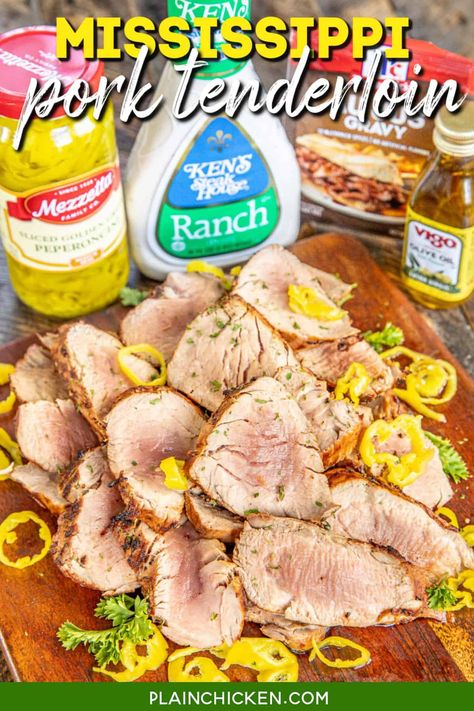 Mississippi Pork Tenderloin Mississippi Pork Tenderloin, Plain Chicken Recipe, Tenderloin Marinade, Pork Tenderloin Marinade, Cooking Pork Tenderloin, Au Jus Gravy, Plain Chicken, Tenderloin Recipes, Pork Tenderloin Recipes