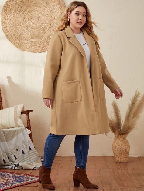 Khaki Casual  Long Sleeve Wool-Like Fabric Plain Regular  Slight Stretch Fall/Winter Plus Size Outerwears Size 16 Women Outfits, Winter Plus Size, Size 16 Women, Dressy Casual Outfits, Beige Outfit, Plus Size Outerwear, Plus Size Coats, Coat Outfits, Curvy Outfits