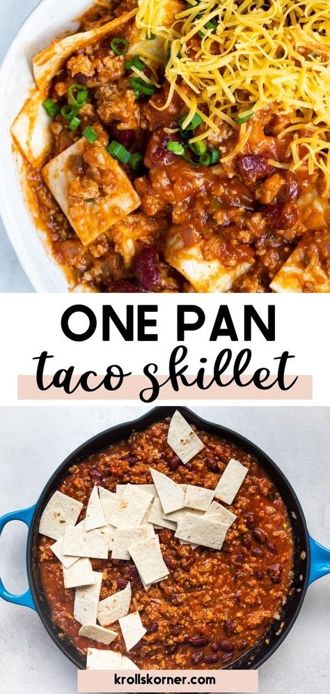 taco skillet in a blue skillet Taco Skillet Dinner Healthy, Easy Taco Skillet, Skillet Taco Casserole, One Pan Taco Skillet, Tortilla Skillet, Taco Skillet Dinner, Tortilla Meals, Southwest Salsa, Taco Casserole With Tortillas