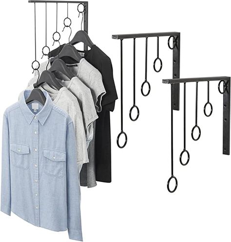 Amazon.com: MyGift Set of 3 Wall-Mounted Metal Garment Rack/Bedroom Closet Clothing Organizer with 5 Hanging Rings, Black: Home & Kitchen Garment Rack Bedroom, Wall Hangers For Clothes, Clothing Store Interior, Clothing Store Design, Hanging Clothes Racks, Shirt Display, Clothes Hanging, Clothing Displays, Garment Rack