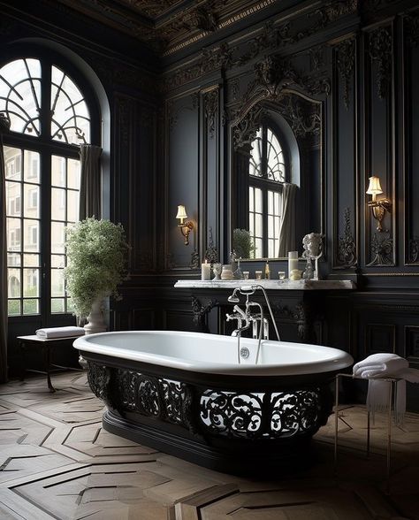 Gothic Bathroom Ideas, Gothic Bathroom, Dark Bathroom Ideas, Black Bathroom Decor, Gothic Interior, Dark Bathrooms, Dark Academia Decor, Bathroom Color Schemes, Victorian Bathroom