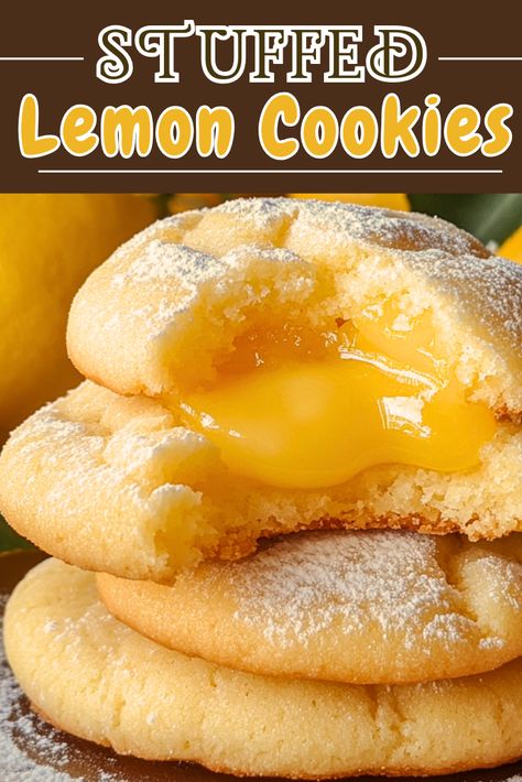 Stuffed Lemon Cookies Lemon Chip Cookies, Lemon Filled Cookies, Stuffed Lemon Cookies, Lemon Curd Cookies Recipe, Flat Cookies, Trending Desserts, Leavening Agents, Banana Pudding Cookies, Curd Filling