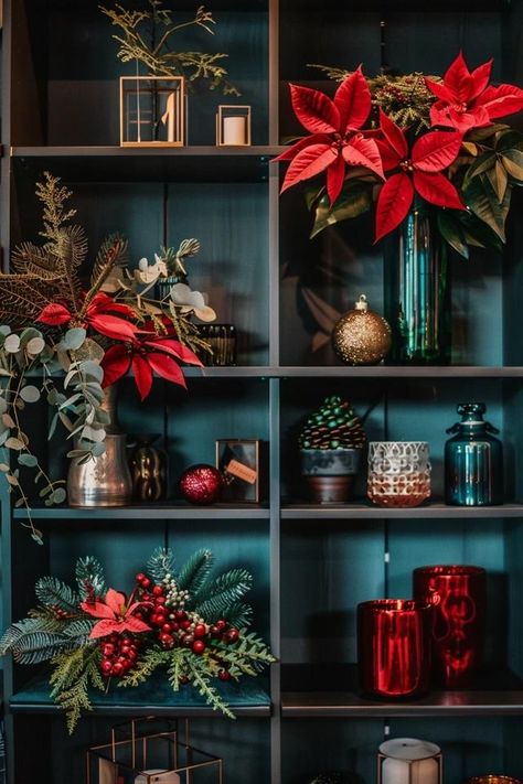 How To Decorate A Shelf For Christmas: Festive Ideas Shelves With Christmas Decor, Built In Bookshelves Christmas Decor, Christmas Book Case Decorations, Book Shelf Christmas Decor Ideas, Farmhouse Christmas Bookshelf Decor, Christmas Decorated Bookshelves, Christmas Shelves Decor Shelf Ideas, Decorate Bookshelves For Christmas, Bookshelf Christmas Decorating Ideas