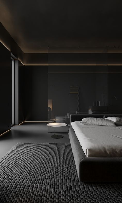 Black And White Hotel Room, Dark Japandi Bedroom, Dark Bedroom Inspirations, Dark Room Aesthetic Bedroom, Japan House Design, Dark Interior Design, Home Cinema Room, Romantic Bedroom Decor, Aesthetic Living Room