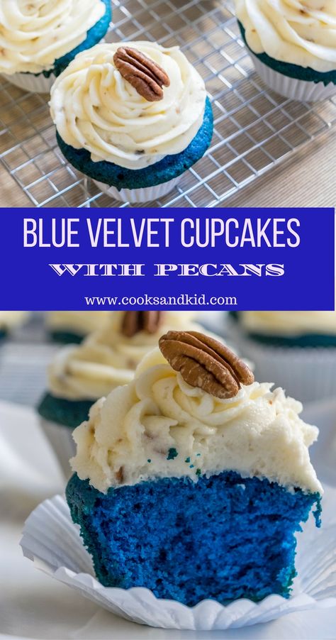 Delicious tender blue velvet cupcakes topped with cream cheese frosting studded with chopped pecans. Click now for recipe. www.cooksandkid.com Blue Velvet Cupcakes, Blue Velvet Cakes, Kid Recipes, Blue Cupcakes, Blue Desserts, Pecan Recipes, Velvet Cupcakes, Crunchy Pecans, Blue Cakes