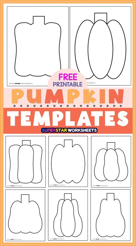 Grab over 40 adorable and free pumpkin templates for your kids in the classroom or homeschool. Kids can make happy or scary faces, color and cut out their favorite pumpkins, plus multiple skill levels are available too! #superstarworksheets #pumpkins #pumpkintemplates #scarypumpkintemplate #cutepumpkintemplate #cutoutpumpkintemplate Mini Pumpkin Template Printable, Pumpkin Crafts Elementary School, Spookly The Pumpkin Crafts, Pumpkin Cut Out, Free Pumpkin Template Printable, Pumpkin Outline Templates, Pumpkin Cutouts Template, Pumpkin Patterns Free Printable, Pumpkin Faces Template