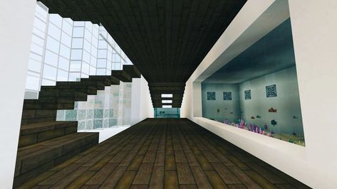 Stairs Ideas Minecraft, Inside Stairs Ideas, Fish Tank Minecraft, Minecraft Aquarium Ideas, Inside Stairs, Minecraft Aquarium, Mc Interior, Amazing Aquariums, Minecraft Blocks