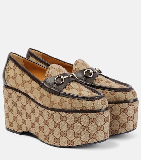 Horsebit GG canvas platform loafers in brown - Gucci | Mytheresa Gucci Platform Shoes, Gucci Platform Loafers, Gucci Platform, Luxury Women's Gucci Loafers, Gucci Horsebit Platform Loafer, Elegant Gucci Luxury Loafers, Gucci Shoes Women, Elegant Gucci Loafers, Luxury, Bold Gold Jewelry