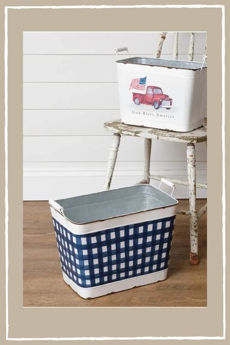 These "God Bless America" buckets are available in both blue and white plaid, and white with a truck print! Perfect for holding items inside your home, or even holding ice and drinks for the 4th of July! Galvanized Metal Bucket, Tin Buckets, Metal Buckets, Colorful Decorations, Tin Bucket, Small Buckets, Trucks Print, Patio Wall, Metal Bucket