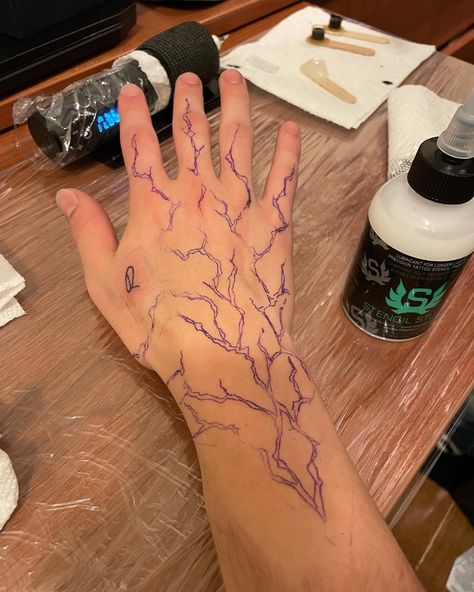 Lighting Tattoo Shoulder, Lightning Hand Tattoo, Hand Tattoo Stencil, Prayer Tattoo, Word Tattoo Ideas, Lightning Tattoo, Henna Inspired Tattoos, Word Tattoo, Sick Tattoo