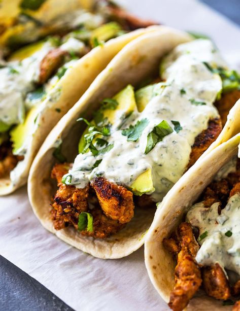 Chicken Avocado Tacos, Creamy Cilantro Sauce, Pan Grilled Chicken, Avocado Tacos, Chicken And Avocado, Grilled Chicken Tacos, Avocado Taco, Cilantro Lime Sauce, Chicken Taco Recipes