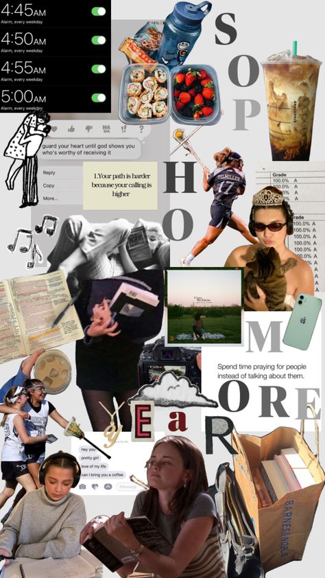 Sophomore year vision board #sophomoreyear #visionboard #school #schoolaesthetic #schoolinspo #schoolfit #lax #laxgirl #laxszn #books #music #choirgirl #reading #outfitinspo Sophomore Year High School, Year Vision Board, Lax Girls, School Scrapbook, High School Life, Family Weekend, Guard Your Heart, Sophomore Year, School Fits