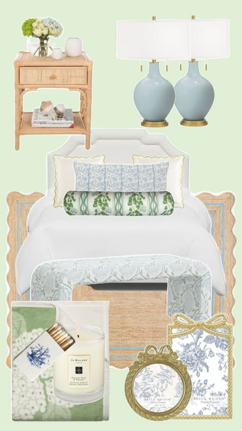 BLUE & GREEN PREPPY COASTAL BEDROOM inspo! Dive into serene, beachy vibes with chic preppy accents, fresh coastal decor, and calming blue and green hues. Perfect for creating a relaxing and stylish retreat. Get inspired and transform your space into a seaside sanctuary today! #CoastalBedroom #PreppyDecor #HomeInspo #BlueAndGreenDecor #BeachyVibes" Green Blue Bedroom Aesthetic, Coastal Grand Millennial Bedroom, Pink Green White Aesthetic Bedroom, Green And Blue Bedroom Decor, Green Blue Room Aesthetic, Grandmillenial Master Bed, Grand Millennial Dorm, Southern Coastal Homes Interiors, Light Blue And Green Bedroom