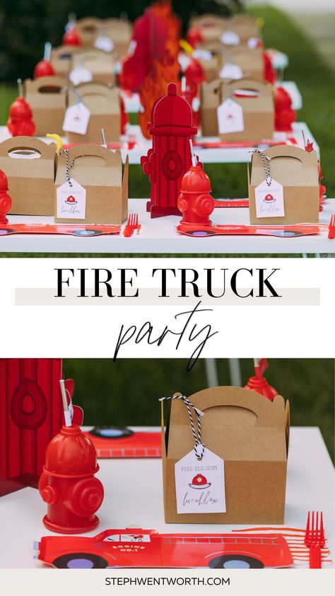 Meri Meri Fire Truck, Fire Truck Birthday Favors, Fire Truck Birthday Party Ideas Games, Fire Fighter Theme Party, Fire Truck Goodie Bags, Third Birthday Firetruck, Modern Firefighter Party, Fire Truck Party Games, Firefighter Party Decor