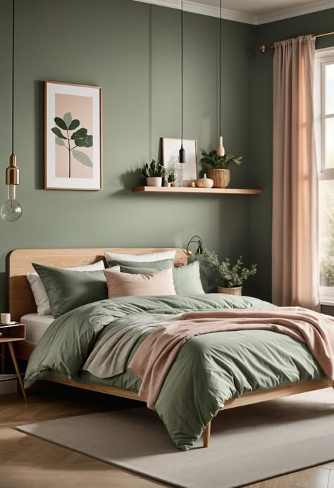 Eucalyptus Bedroom Color Palettes, Beige Bed Bedroom Ideas, Soft Green Bedroom Ideas, Sage Accent Wall Bedroom, Beige And Sage Green Bedroom, Sage Green And Beige Bedroom, Soft Green Bedroom, Cottagecore Bedroom Ideas, Sage Bedroom