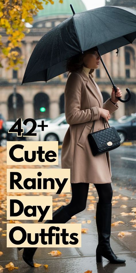 Stay Warm and Dry with These Rainy Day Looks Rain Work Outfits For Women, Rainy Day Wedding Outfit Guest, Rainy Day Outfit For Work Fall, Fall Rainy Day Outfits Work, Rainy Day Fall Outfits, Blazer Fall Outfits, Rain Boots Outfit Fall, Raining Outfit, Rainy Day Work Outfit