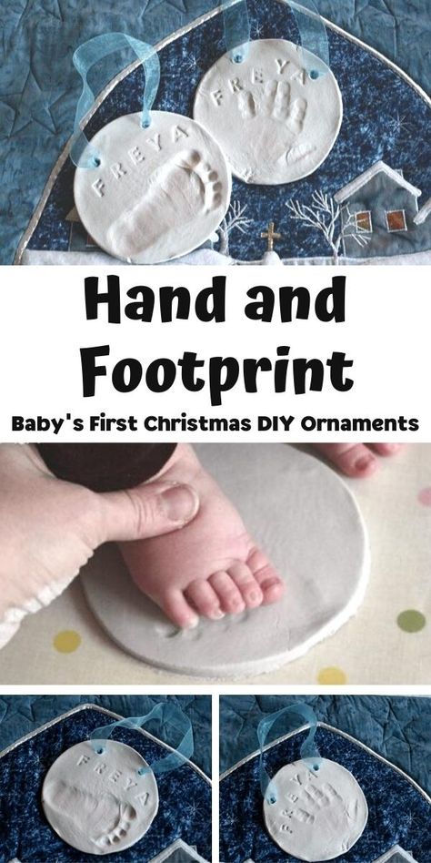 Diy First Christmas Ornament, Baby Christmas Crafts, Salt Dough Christmas Ornaments, Theme Carnaval, Air Drying Clay, Handprint Ornaments, Handprint Christmas, Baby Christmas Ornaments, Diy Ornament