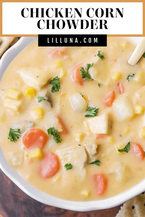 Creamy chicken corn chowder hits the spot, brimming with tender chicken, sweet corn, and a rich broth - all in under 30 minutes. #chickencornchowder #cornchowder #chicken #chowder #soup Chicken Chowder Soup, Chicken Corn Chowder Soup, Creamy Chicken Corn Chowder, Potato Chowder Soup, Healthy Delicious Soups, Chicken Corn Chowder Recipe, Corn Chowder Soup, Chicken Chowder, Potato Corn Chowder