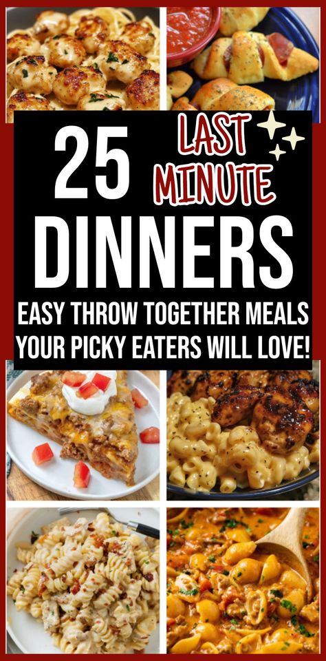 25 last minute dinners - easy throw together meals your picky eaters will love - Extremely cheap meals! Lots of cheap easy dinners for inexpensive struggle meals that make a lot - or for two - that even picky eaters will love - best cheap dinners for a family on a budget for last minute 10 dollar meals to make in 20 minutes Easy Dinner Everyone Will Love, Dinner Ideas Without Oven, Every Day Meals Dinners Easy Recipes, Simply Easy Dinner Ideas, Easy Dinner For Single Person, Dinner Ideas Few Ingredients, Easy Dinner Recipes No Chicken, Family Meals On A Budget Dinners, Meals With Limited Ingredients