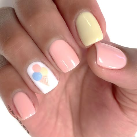 Pastel ice cream cone summer nail art design Ice Cream Cone Nails Designs, Simple Nail Designs Pastel Colors, Sweets Nails Designs, Nail Art Designs Summer Short Nails, Ice Cream Nail Art Design, Ice Cream Cone Nail Art, Kids Summer Nails Designs, Cute Summer Nails For Kids, Ice Cream Cone Nails