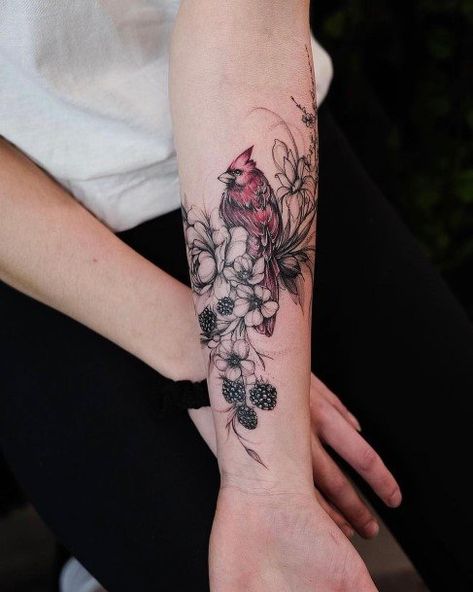 Bird Tattoo With Words, Cardinal Forearm Tattoo Women, Cardinal Sleeve Tattoos For Women, Cardinal Sunflower Tattoo, Cardinal And Flower Tattoo Sleeve, Cardinal Floral Tattoo, Floral Cardinal Tattoo, Black And Grey Cardinal Tattoo, Cardinal With Flowers Tattoo