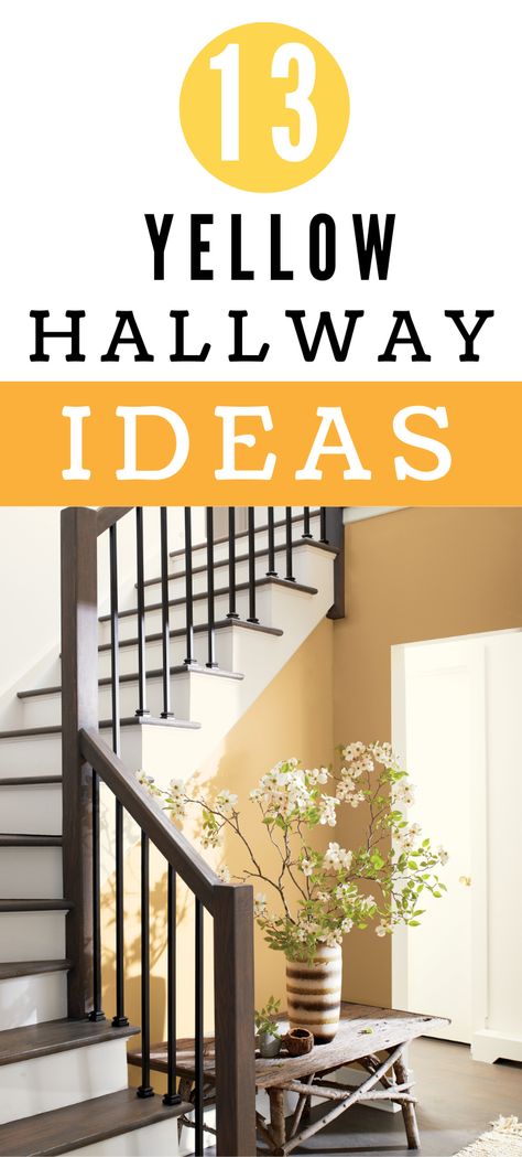 13 yellow hallway ideas, yellow painted walls with defining dark wood staircase which winds round. There is a wooden table with a large vase of hand picked flowers inside. Yellow Entryway Ideas, Mustard Hallway Ideas, Yellow Cottage Living Room, Yellow Hallway Ideas Entryway, Pale Yellow Hallway, Yellow Staircase Wall, Bright Hallway Ideas Colour, Hallway Colour Ideas Paint Colors, Yellow Stairwell