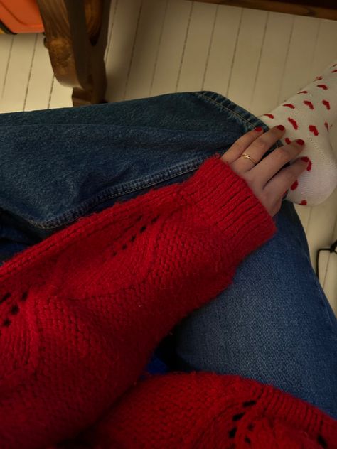 red knit sweater, brandy melville heart socks, dark denim jeans, fall outfits, cute christmas outfits, red nails Heart Socks Outfit, Velvet Sweater Outfit, Brandy Melville Heart Socks, Red Sweater Aesthetic, Cute Christmas Jumpers, Fall Outfits Cute, Red Sweater Outfit, Uggs Outfits, Cute Christmas Outfits