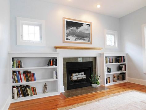 Shelves Around Fireplace, Bookshelves Around Fireplace, Fireplace Bookcase, Horizontal Bookcase, Built In Around Fireplace, Fireplace Windows, Low Bookshelves, Fireplace Bookshelves, Built In Shelves Living Room