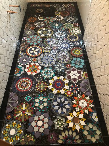 Copper, Glass and Recycled Trash: Mosaic Mandala Bathroom Floor Mosaic Tile Countertop, Mosaic Bathroom Ideas, Mosaic In Bathroom, Bathroom Floor Mosaic, Mosaic Floor Tile Bathroom, Bathroom Mosaic Tile Ideas, Mosiac Floor, Mandala Bathroom, Mosaic Bathroom Floor