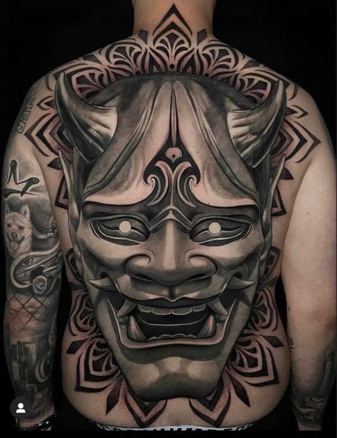 Japanese Mask Chest Tattoo, Hannya Mask Back Piece, Japanese Mask Back Tattoo, Oni Mask Full Back Tattoo, Hanya Mask Full Back Tattoo, Hanya Mask Back Tattoo, Hannya Mask Back Tattoo, Japanese Full Back Tattoo Design, Hannya Back Tattoo