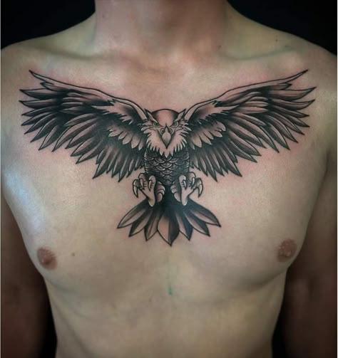 Eagle Tattoo Design Chest, Bird On Chest Tattoo, ရင်ဘတ် Tattoo, Bird Chest Tattoo Men, Eagle Tattoo Chest, Bird Tattoos Men, Buddah Sleeve Tattoo, Eagle Neck Tattoo, Tattoo Chest And Shoulder