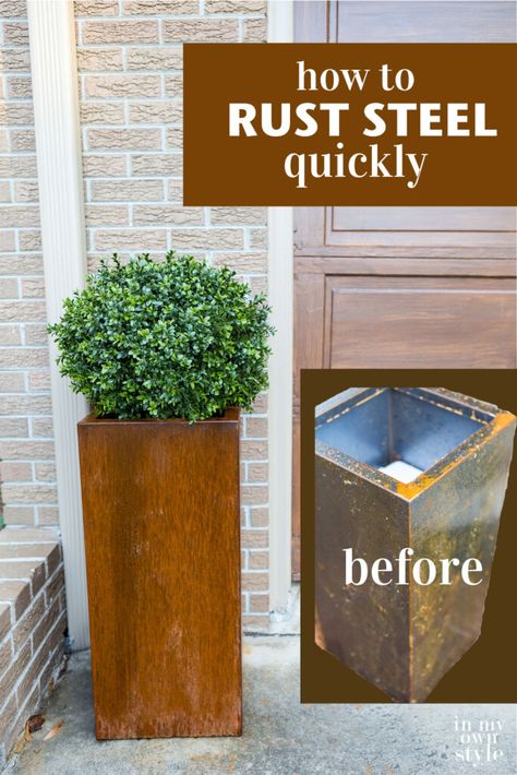 How to add a rich rusty patina to new metal. With this DIY spray solution, the rusting process can be complete in a few hours. #rustedfinish #CortenSteel #Verdek #modernplanters Potplant Ideas, Faux Finish Painting, How To Make Metal, Outdoor Patio Ideas Backyards, Remove Rust Stains, Faux Rust, Rusty Garden, Corten Steel Planters, Patina Metal