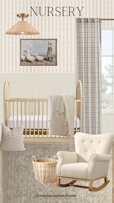 Pottery Barn Wallpaper, Serena And Lily Wallpaper, Kids Room Artwork, Wood Crib, Creek House, Gender Neutral Nursery Decor, Baby Boy Room Decor, Neutral Wallpaper, Nursery Room Inspiration