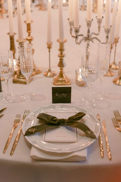 Candlelit Dinner Table Styling With Personalised Place Settings Candlestick Tablescape, Dinner Table Styling, Simple Table Centerpieces, Candlelight Wedding, Rosewood London, Candle Lit Wedding, Custom Wedding Napkins, Velvet Bows, Wedding Crest