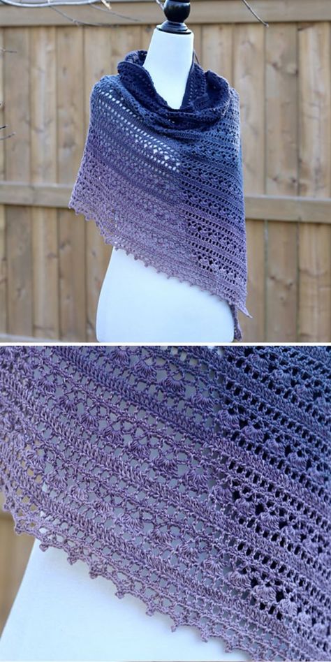 Handmade purple gradient shawl with intricate lace pattern displayed on a mannequin against a wooden fence background. Crochet Thread Shawl Pattern Free, Elegant Shawl Crochet Pattern, Elegant Crochet Wrap Pattern, Shawl With Sleeves Crochet Pattern, Crochet Stole Free Pattern, Scheepjes Whirl Crochet Patterns, Free Crochet Rectangle Shawl Patterns, Shawl Patterns Crochet Free, Lacy Crochet Shawl Pattern Free