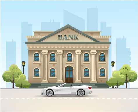 August Bank Holiday, America City, Shanty Town, Bank Building, Eco City, Banks Building, Commercial Bank, Car Vector, Summer Illustration