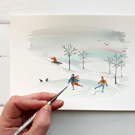 Watercolor Scenes Simple, Winter Wonderland Drawing Ideas, Ice Skating Watercolor, Watercolour Christmas Scene, Watercolour Winter Scenes, De Winton Paper Co Tutorials, Winter Watercolour Painting, Winter Watercolor Tutorials, Winter Watercolor Ideas