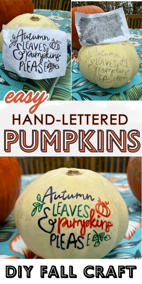 If you love easy fall crafts, give this autumn DIY project a try - hand-lettered pumpkins! This faux calligraphy hand lettered painted pumpkin is great for beginners and can be customized to any design you like! Using paint pens or Sharpies, you can create gorgeous fall decorations using real or fake pumpkins! The perfect addition to your fall porch or fall decor! Fall Craft Projects, Pumpkins Diy, Autumn Diy, Free Fall Printables, Green Halloween, Fake Pumpkins, Faux Calligraphy, Painted Pumpkin, Easy Fall Crafts