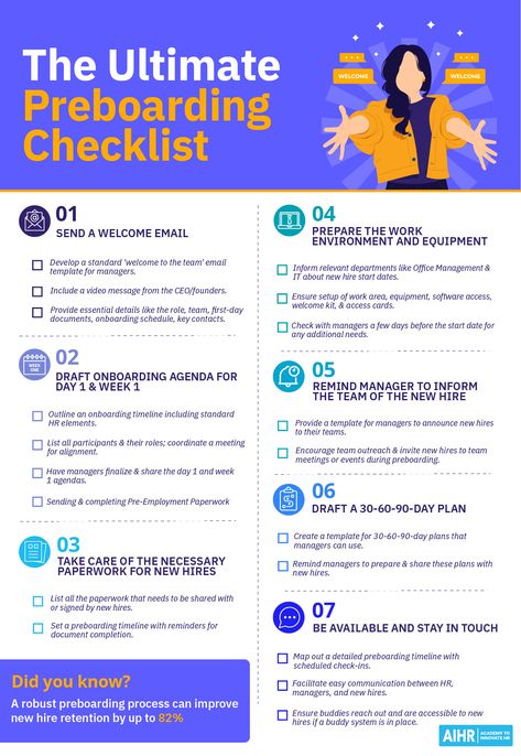 Boost new hire retention by up to 82% with a robust Preboarding process. Learn the differences between preboarding and onboarding, its importance, and how HR teams can create a successful preboarding experience. Dive into our detailed guide. #HR #HumanResources #Preboarding #Hiring #FreeGuide #Checklist Hr Dashboard, Hr Generalist, Onboarding Checklist, Good Leadership Skills, Marketing Copywriting, Employee Onboarding, Welcome To The Team, Employee Handbook, Job Help