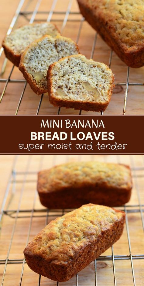 Mini Banana Bread Loaves are the perfect way to use up ripe bananas! With super moist, tender crumb generously studded with crunchy walnuts and loaded with banana flavor, they're fabulous for breakfast or midday snack. And they make great gifts, too! Mini Loaf Banana Bread Recipe, Mini Banana Bread Recipe, Mini Banana Bread Loaves, Banana Bread Loaves, Mini Banana Bread, Mini Bread Loaves, Loaf Bread Recipe, Mini Loaf Cakes, Banana Bread Loaf