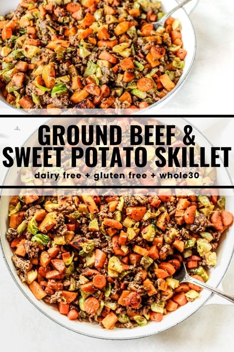 Whole 30 Meals With Ground Beef, Ground Turkey Sweet Potato Brussel Sprout, Meat Dishes For Dinner Meals, Meals With Ground Beef Dairy Free, Dinners With Sweet Potatoes Healthy, Ground Beef Brussel Sprouts Sweet Potato, Brussel Sprout Ground Beef, Ground Beef And Potato Meal Prep, Hamburger And Brussel Sprouts