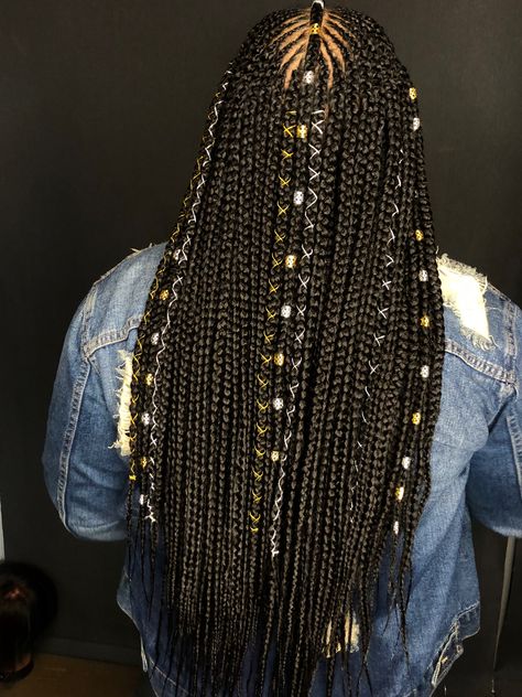 Back of my box braids Braids With Gold Cuffs Black Women, Gold Attachment Braids, Box Braids With Gold Cuffs, Braid With Gold Cuffs, Gold Ribbon Woven In Hair Braid, Chunky Box Braids, Large Box Braids, Chunky Braids, Big Braids