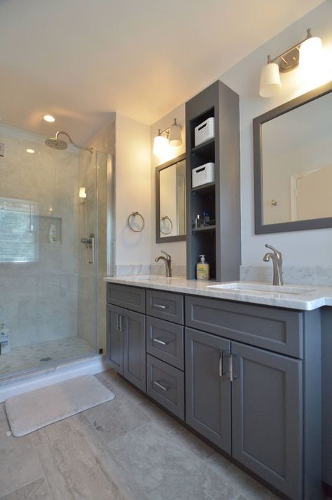 Grey Bathroom Cabinets, Budget Bathroom Remodel, Large Bathroom, Gray Cabinets, Master Bath Remodel, Bathroom Remodel Designs, Bathroom Remodel Shower, Renovation Design, Budget Bathroom