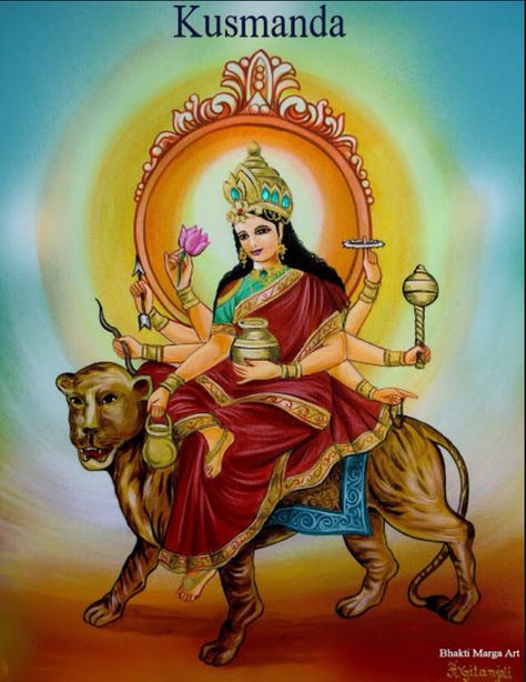 Ma Kushmanda is the fourth avatar of Goddess Durga. Her name means "the cosmic egg" and she is considered the creator of the universe. She has a radiant face and golden complexion. She resides in the core of the sun and controls the entire solar system. Kushmanda Mata Images, Kushmanda Mata, Mata Kushmanda, Nava Durga, Navratri Ideas, Nav Durga, Hindu Goddesses, Ambe Maa, Durga Mantra